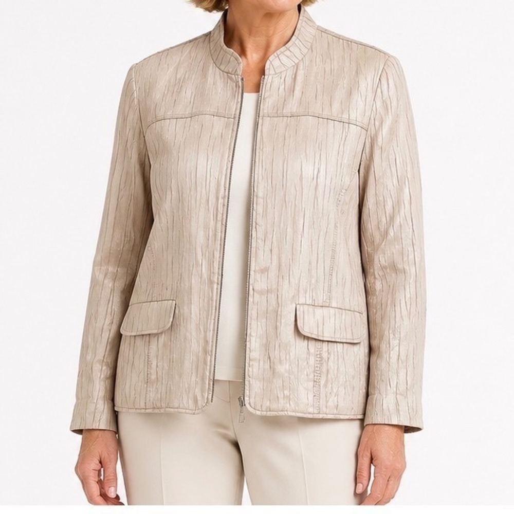 Alfred Dunner Champagne Beige Crinkle Textured Zip Up Jacket Womens 14 Mock Neck